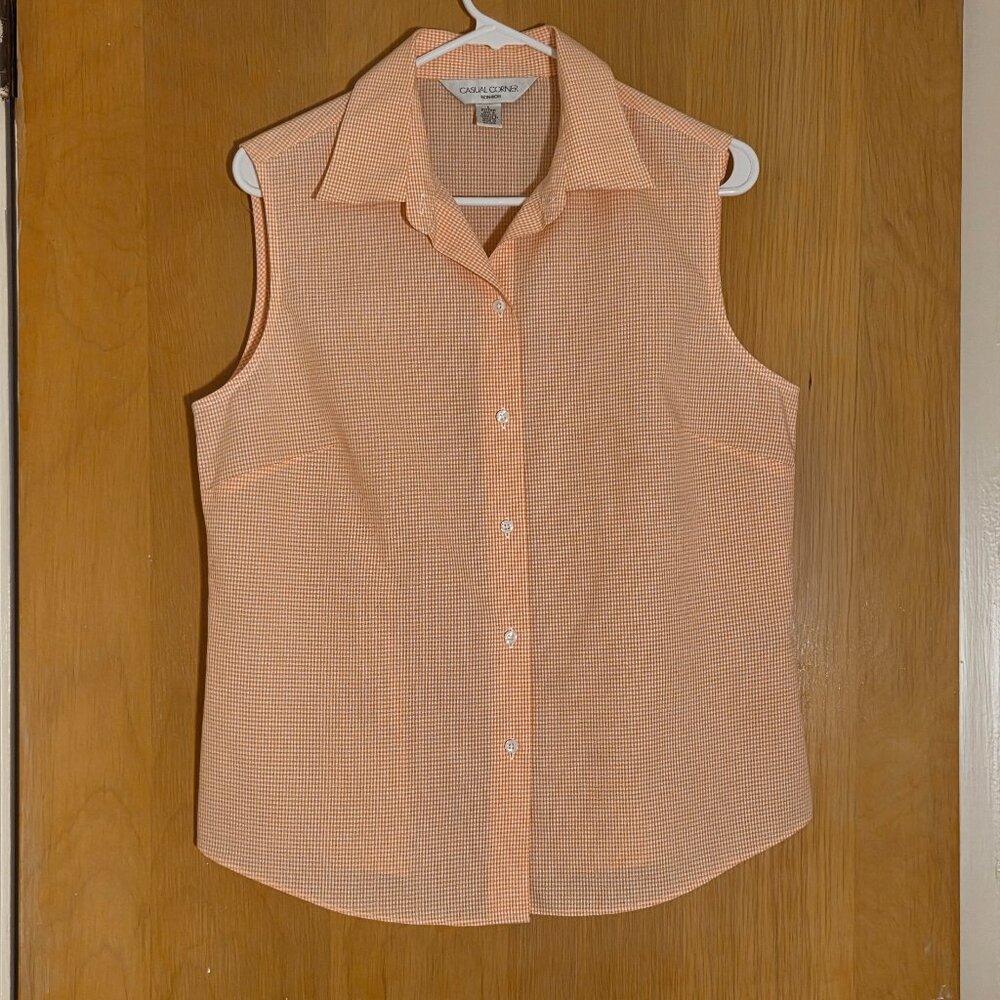 Vintage Casual Corner Sleeveless Button Up Shirt Womens M Orange Gingham Check